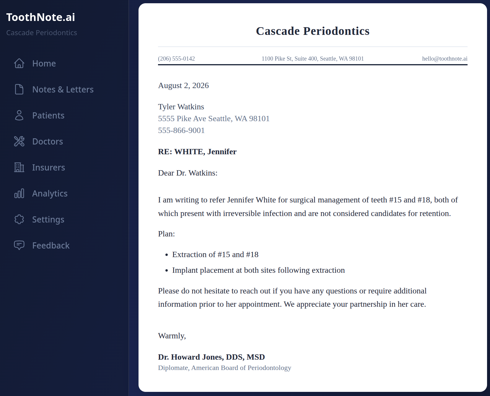 A ToothNote.ai referral letter drafted from the recorded exam and supporting evidence