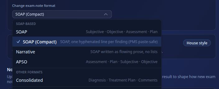 Exam-note Format settings showing SOAP, SOAP Compact, Narrative, APSO, and Consolidated choices