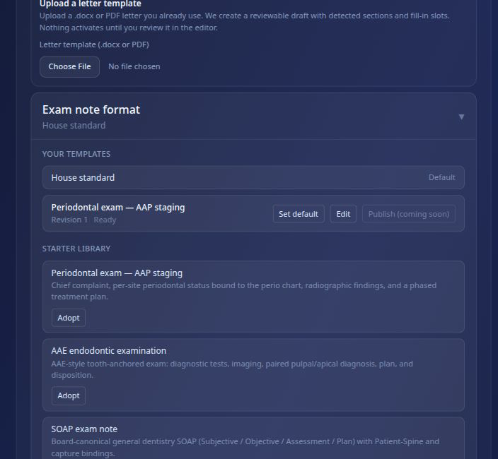 Format settings showing the house standard, specialty starter library, and controls for editing a practice template
