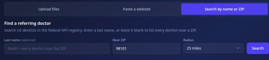 Referring-doctor import screen showing file upload, website import, and NPI registry search options