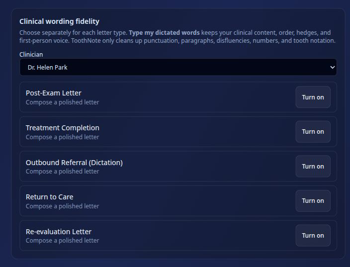 Voice settings showing clinical wording fidelity controls for each referral-letter type