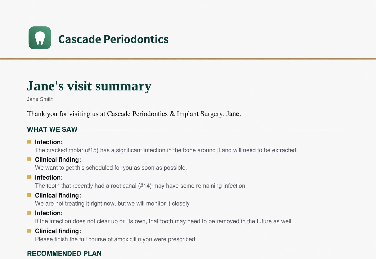 Finished branded patient visit summary with findings and recommended plan