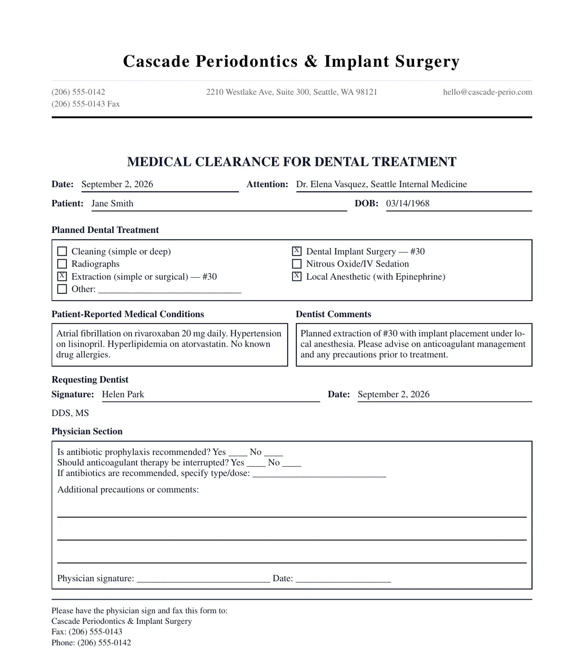 Finished ToothNote.ai medical clearance request